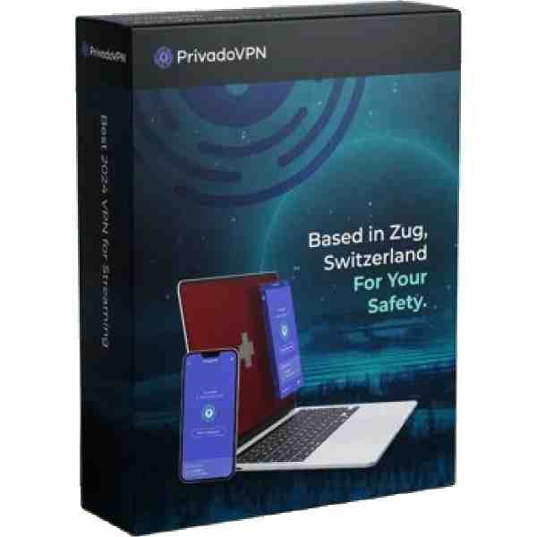 alt=Promotional box for PrivadoVPN, featuring a laptop, tablet, and smartphone, emphasizing privacy and safety in Zug, Switzerland.