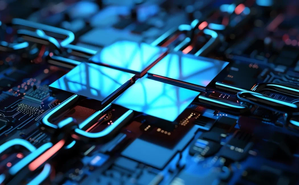 alt=Close-up of a motherboard with glowing blue and red circuitry and a prominent illuminated Windows logo in the center.