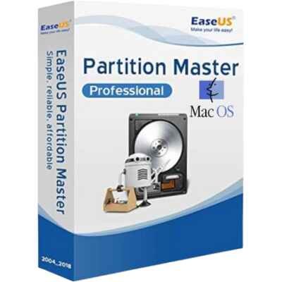 alt=Box design for EaseUS Partition Master Professional software, featuring a hard drive graphic and "Mac OS" logo, emphasizing data management.