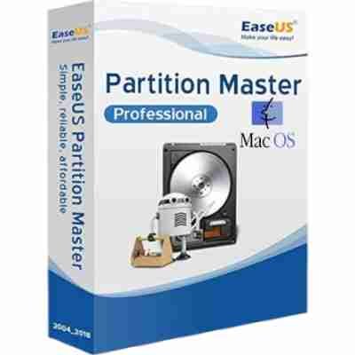 alt=Box design for EaseUS Partition Master Professional software, featuring a hard drive graphic and "Mac OS" logo, emphasizing data management.