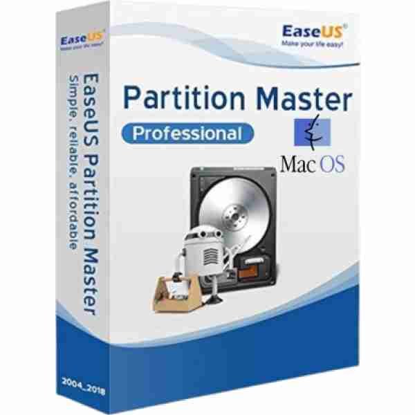 alt=Box design for EaseUS Partition Master Professional software, featuring a hard drive graphic and "Mac OS" logo, emphasizing data management.