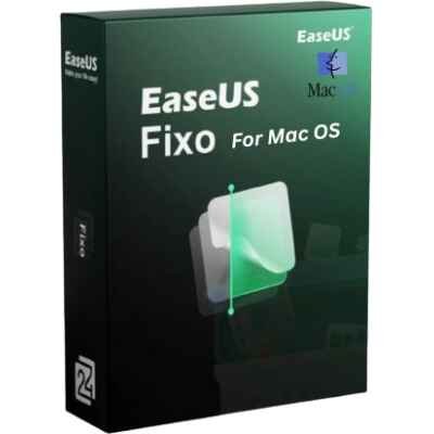alt=A green and black software box for "EaseUS Fixo for Mac OS," featuring the EaseUS logo and a graphic of file icons!