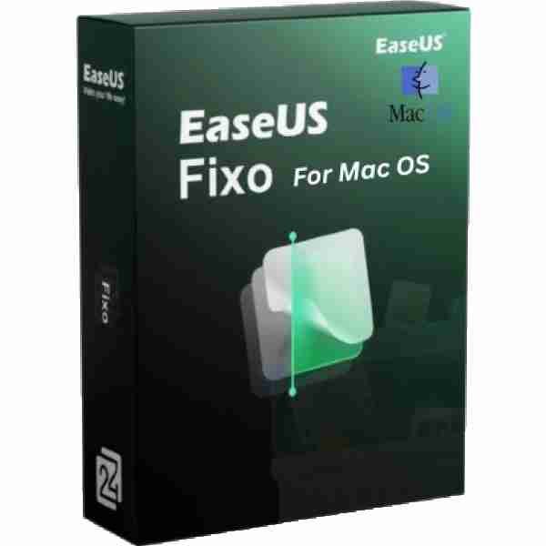 alt=A green and black software box for "EaseUS Fixo for Mac OS," featuring the EaseUS logo and a graphic of file icons!