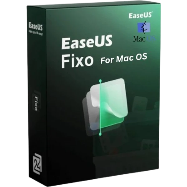 alt=A green and black software box for "EaseUS Fixo for Mac OS," featuring the EaseUS logo and a graphic of file icons!