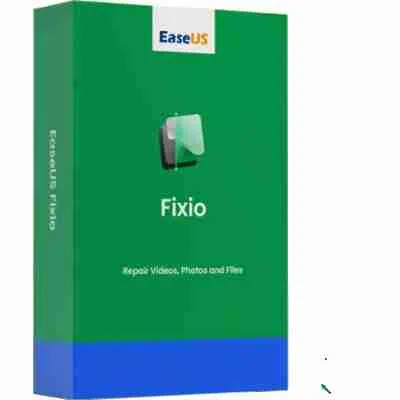 alt=Green and blue software box for EaseUS Fixio, labeled "Repair Videos, Photos and Files." Simple and modern design.
