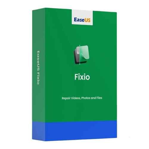 alt=Green and blue software box for EaseUS Fixio, labeled "Repair Videos, Photos and Files." Simple and modern design.