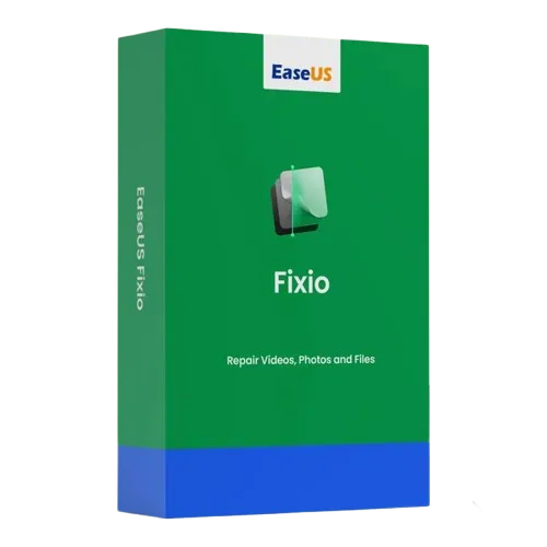 alt=Green and blue software box for EaseUS Fixio, labeled "Repair Videos, Photos and Files." Simple and modern design.