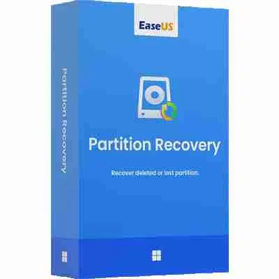 alt=Blue software box for EaseUS Partition Recovery, featuring a hard drive icon and the tagline "Recover deleted or lost partition."