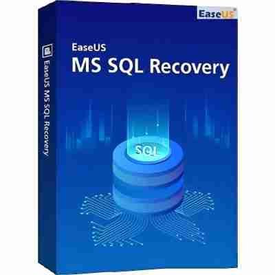 alt=Box design for EaseUS MS SQL Recovery software, featuring a blue background and a stylized database symbol labeled "SQL."