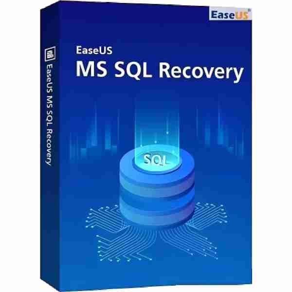 alt=Box design for EaseUS MS SQL Recovery software, featuring a blue background and a stylized database symbol labeled "SQL."