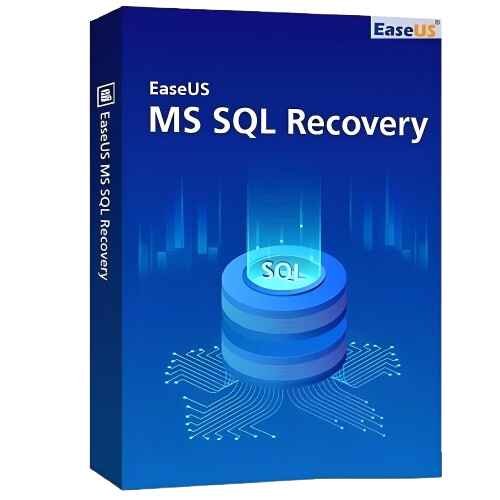 alt=Box design for EaseUS MS SQL Recovery software, featuring a blue background and a stylized database symbol labeled "SQL."
