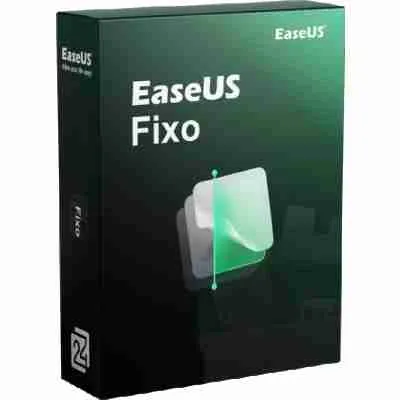 alt=Product box for EaseUS Fixo software, featuring a sleek green and black design with the text "EaseUS Fixo" prominently displayed.