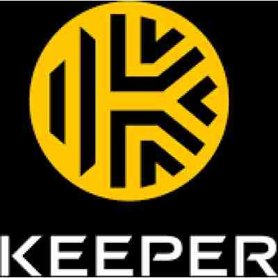 alt=Logo of Keeper, featuring a circular design in yellow with black geometric patterns, and the brand name "KEEPER" below in bold white letters.