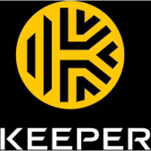 alt=Logo of Keeper, featuring a circular design in yellow with black geometric patterns, and the brand name "KEEPER" below in bold white letters.
