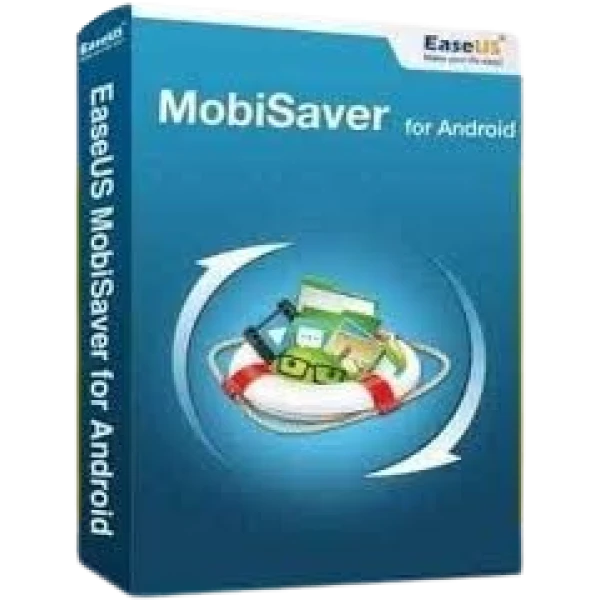 alt=Blue software box for EaseUS MobiSaver for Android, featuring various app icons and a recovery symbol graphic.