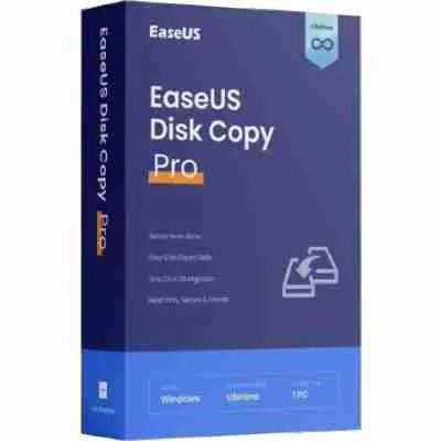 alt=Box design for EaseUS Disk Copy Pro software, highlighting features like "Sector level clone" and "Lifetime subscription for 1 PC."