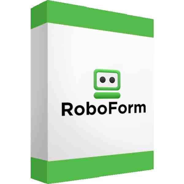 alt=RoboForm software box featuring the logo: a green robot with two eyes, accompanied by the black text "RoboForm" on a white background.