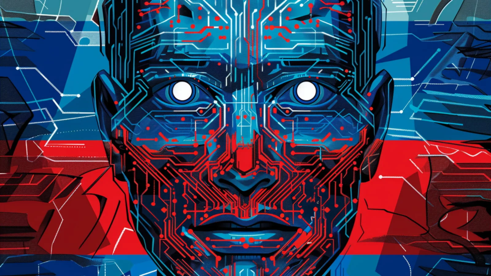 alt=Digital artwork of a human face with circuits and patterns in blue and red, evoking a futuristic, technological theme.