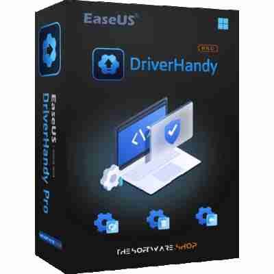 alt=Software box for EaseUS DriverHandy Pro, featuring icons of a laptop and tools on a blue and black background.
