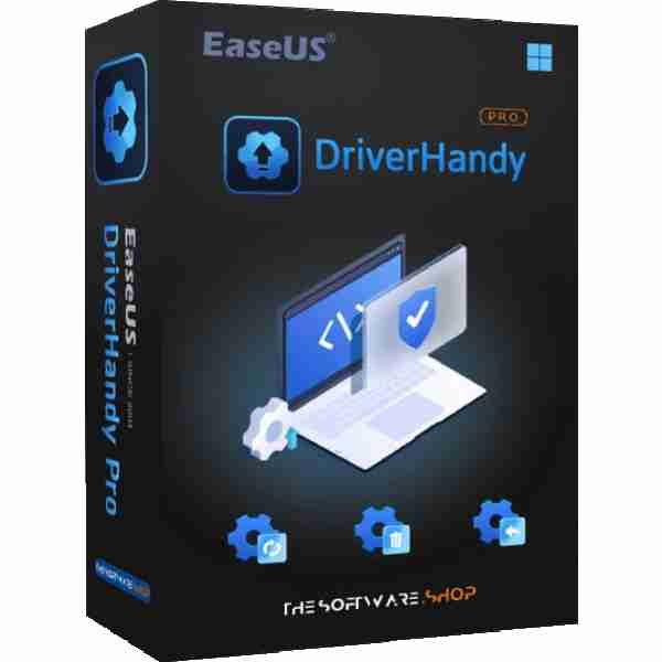 alt=Software box for EaseUS DriverHandy Pro, featuring icons of a laptop and tools on a blue and black background.