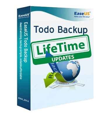 alt=Box cover for EaseUS Todo Backup software, featuring a globe icon and a tag indicating "Lifetime Updates."