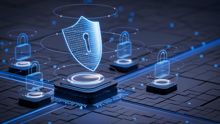 alt=Digital illustration of a secure network with a glowing shield and padlock icons, symbolizing cybersecurity protection.
