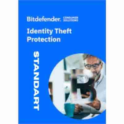 alt=Bitdefender Identity Theft Protection promotional image featuring a blue background, a circular cutout, and the word "STANDARD."