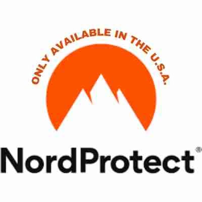 alt=Logo of NordProtect featuring a stylized orange sun and mountain design with the brand name in bold black letters below.
