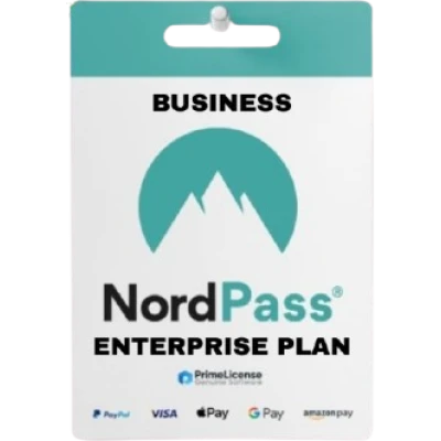 alt=NordPass Enterprise Plan card, displaying business title, logo with mountains, and payment options at the bottom.