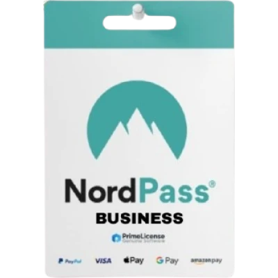 alt=NordPass business card featuring a teal logo with mountains, and logos for payment methods including PayPal, Visa, and Google Pay.