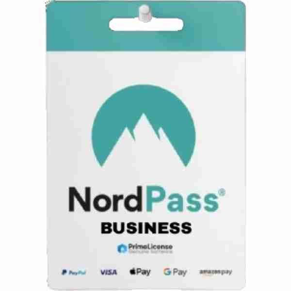 alt=NordPass business card featuring a teal logo with mountains, and logos for payment methods including PayPal, Visa, and Google Pay.
