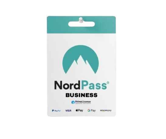 alt=NordPass business card featuring a teal logo with mountains, and logos for payment methods including PayPal, Visa, and Google Pay.