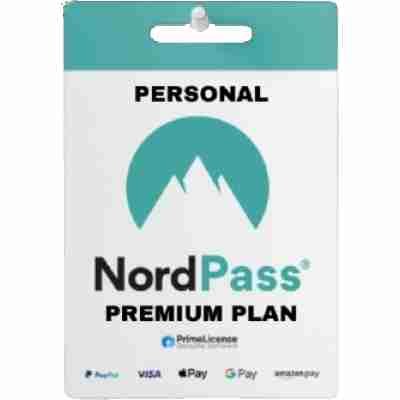 alt=NordPass Premium Plan card, featuring a turquoise logo and payment method icons, labeled "PERSONAL" at the top.