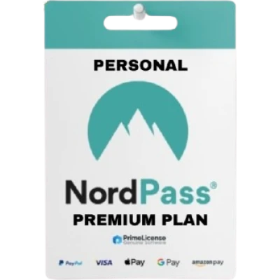 alt=NordPass Premium Plan card, featuring a turquoise logo and payment method icons, labeled "PERSONAL" at the top.