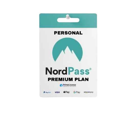 alt=NordPass Premium Plan card, featuring a turquoise logo and payment method icons, labeled "PERSONAL" at the top.