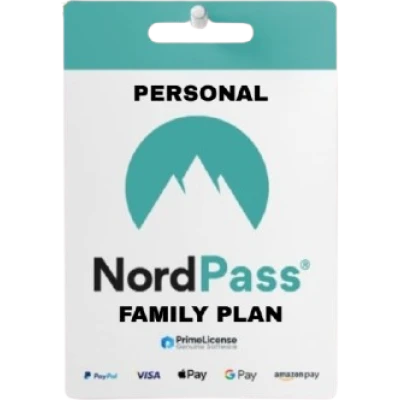 alt=A NordPass Family Plan card featuring a teal logo, labeled 'PERSONAL' and includes payment method icons like PayPal and Visa.