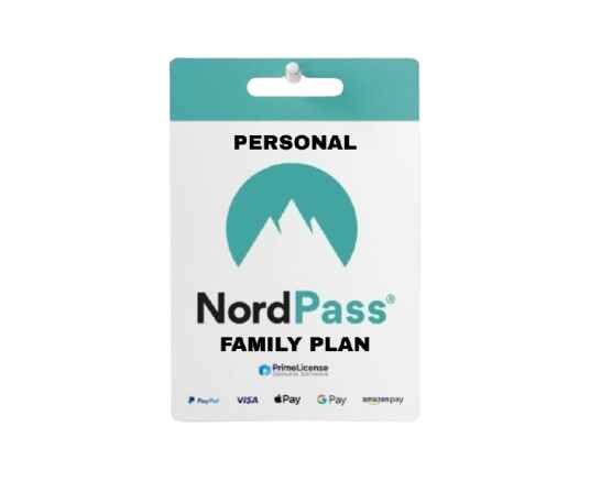 alt=A NordPass Family Plan card featuring a teal logo, labeled 'PERSONAL' and includes payment method icons like PayPal and Visa.
