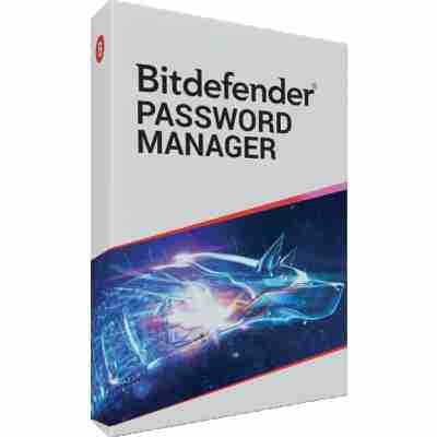 alt=Box packaging of Bitdefender Password Manager with a futuristic design featuring a sleek, blue wolf and bright, dynamic colors.