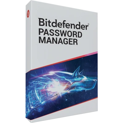 alt=Box packaging of Bitdefender Password Manager with a futuristic design featuring a sleek, blue wolf and bright, dynamic colors.
