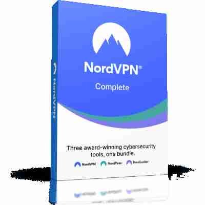 alt=A 3D box design of NordVPN Complete, showcasing three cybersecurity tools: NordVPN, NordPass, and NordLocker.