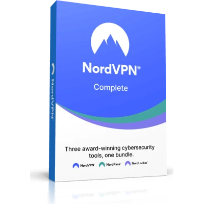 alt=A 3D box design of NordVPN Complete, showcasing three cybersecurity tools: NordVPN, NordPass, and NordLocker.