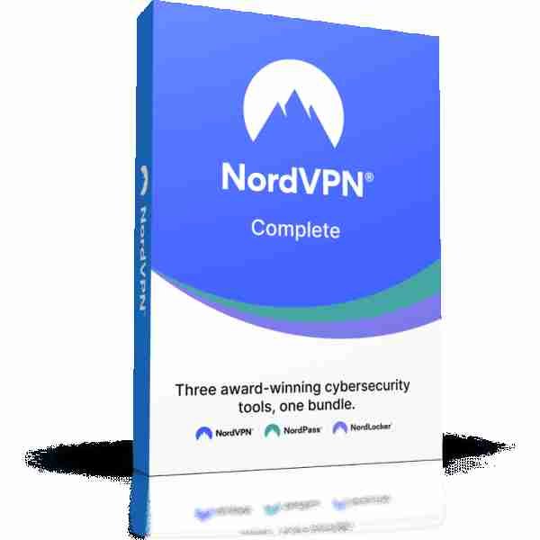 alt=A 3D box design of NordVPN Complete, showcasing three cybersecurity tools: NordVPN, NordPass, and NordLocker.