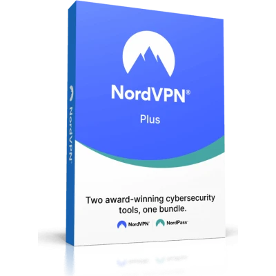 alt=NordVPN Plus software box featuring a blue design, promoting two cybersecurity tools: NordVPN and NordPass in one bundle.