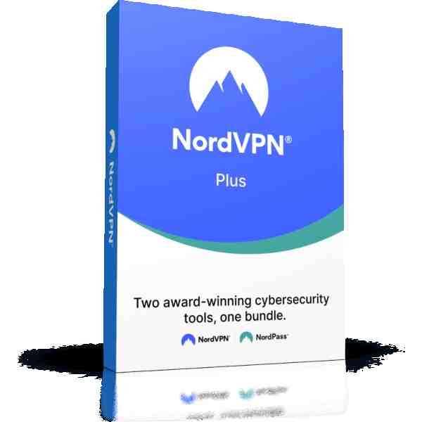 alt=NordVPN Plus software box featuring a blue design, promoting two cybersecurity tools: NordVPN and NordPass in one bundle.
