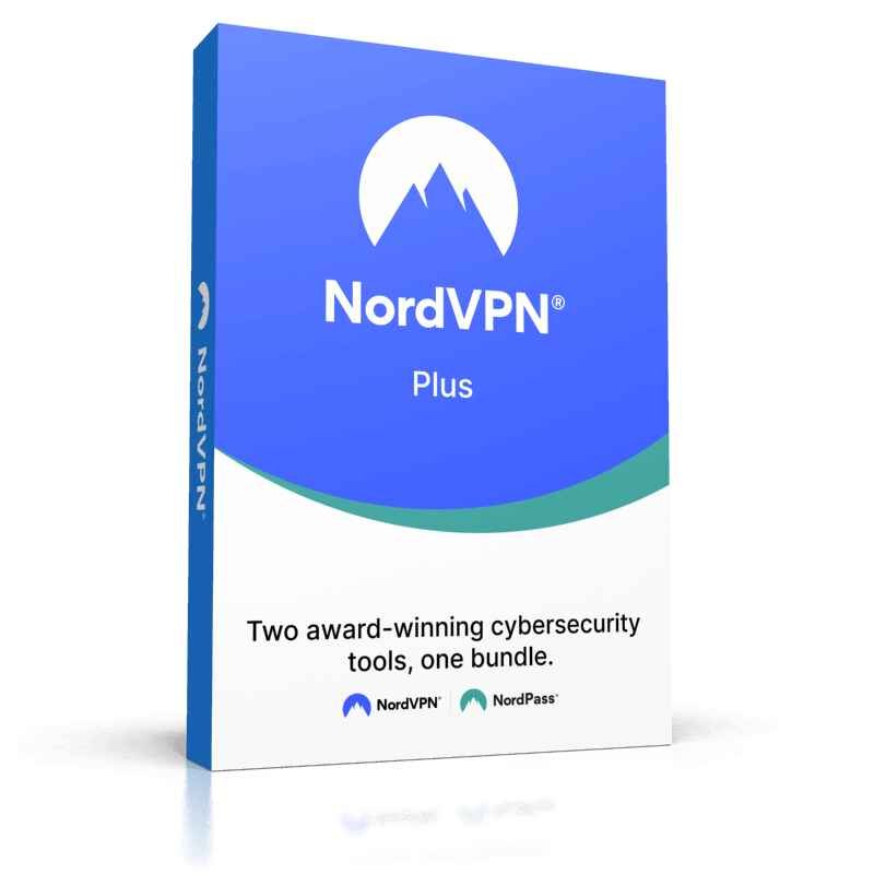 alt=NordVPN Plus software box featuring a blue design, promoting two cybersecurity tools: NordVPN and NordPass in one bundle.