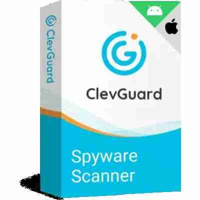 alt=ClevGuard Spyware Scanner software box featuring the logo and a label highlighting its function for Android and iOS devices.