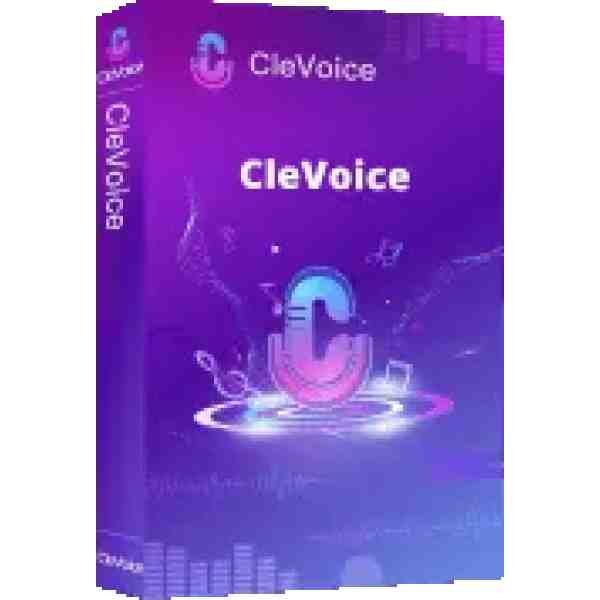 alt=3D box design for CleVoice software, featuring a microphone icon on a purple background with musical elements, symbolizing audio technology.