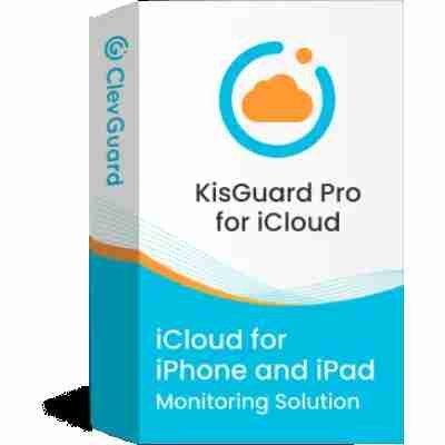 alt=A box design for KisGuard Pro for iCloud, a monitoring solution for iPhone and iPad, featuring a cloud logo and vibrant colors.