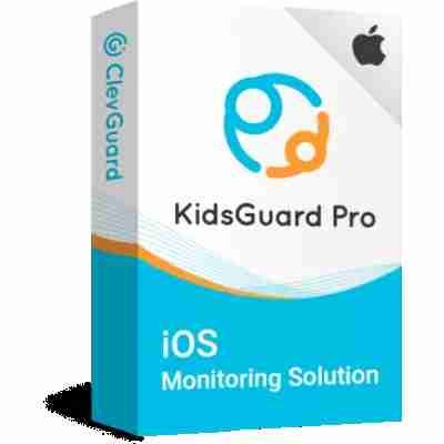 alt=A product box for KidsGuard Pro, an iOS monitoring solution, featuring the ClevGuard logo and a blue design with orange accents.