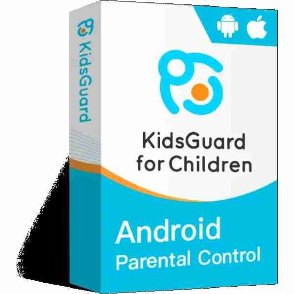 alt=Box design for KidsGuard, featuring the logo and labeling it as an Android parental control app for children's safety.
